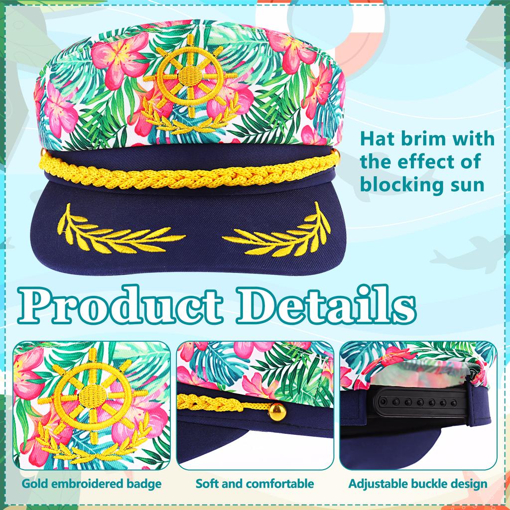 4 шт. Гавайські Квіткові Капітанські Капелюхи - Регульовані Капелюхи Яхтового Моряка Для Хелловіну, Катання на Човні, Морських Подій та Вечірок - Темно-синій Вишитий Костюм