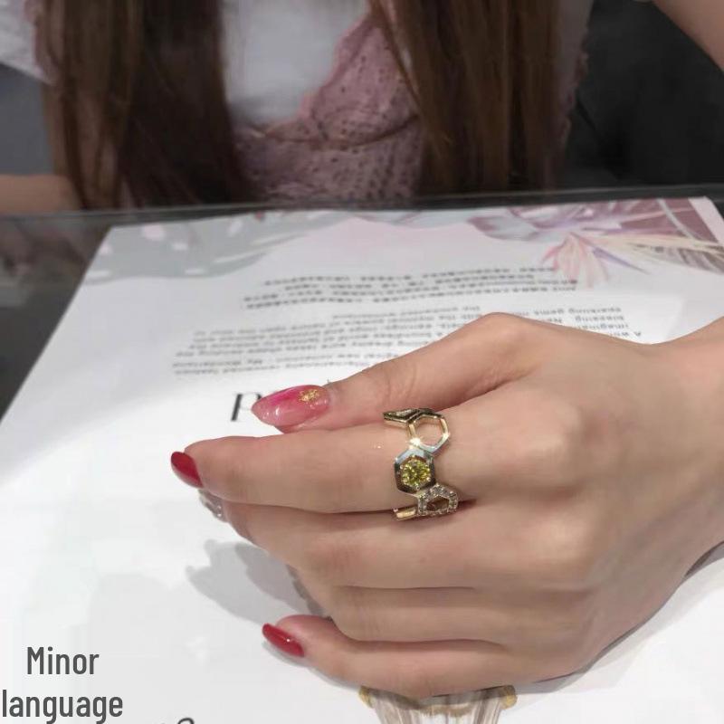 Hexagonal Rhinestone Honeycomb Ring: Luxury Fashion Statement Jewelry for Women. Adjustable Open Size