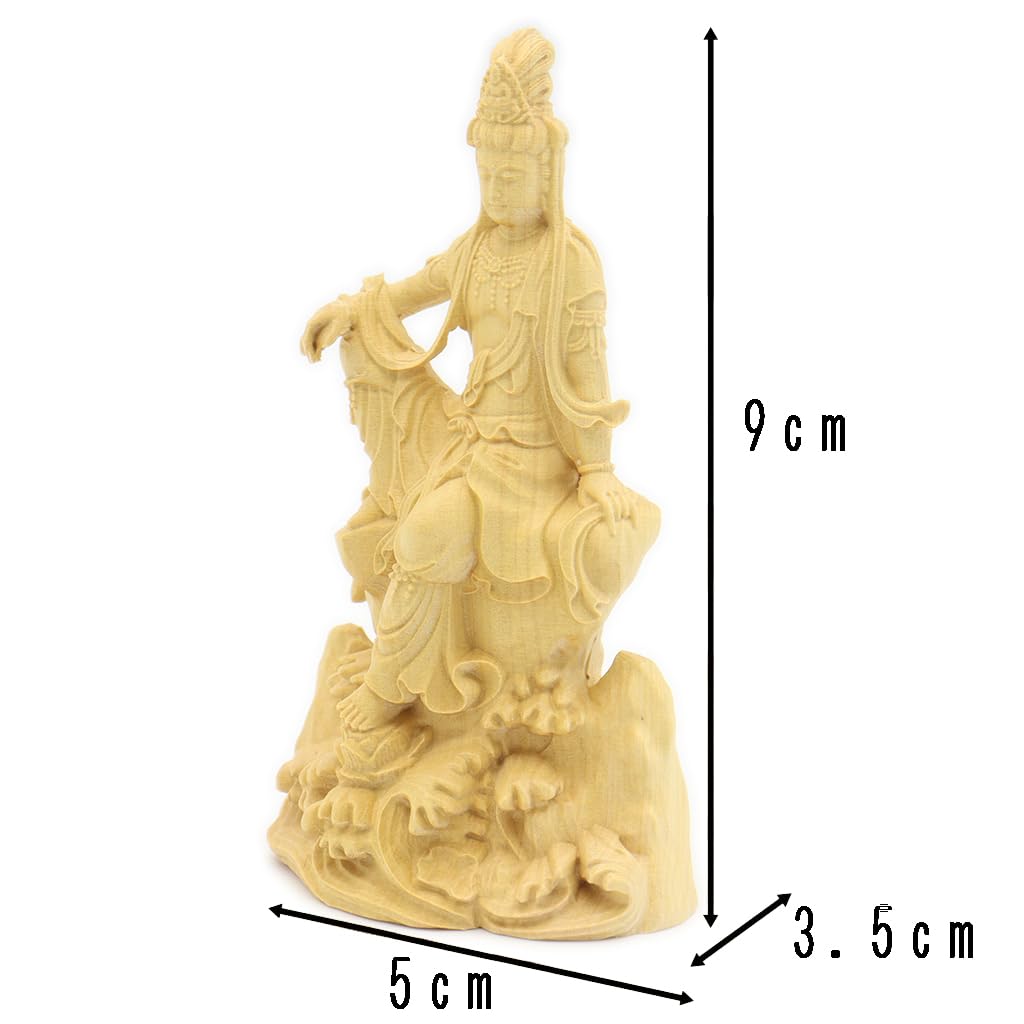Specialty Buddhist Statue Kannon Bodhisattva Statue height width depth Miniature Kannon carving made from water boxwood with a rock base on the 8236