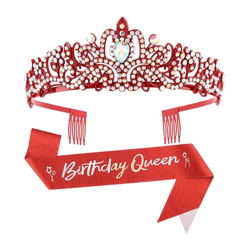 Fashionable 2pcs Rhinestones Tiaras Headband and Sash Hairpiece Hair Accesories for Women’s Birthday Party Accessories