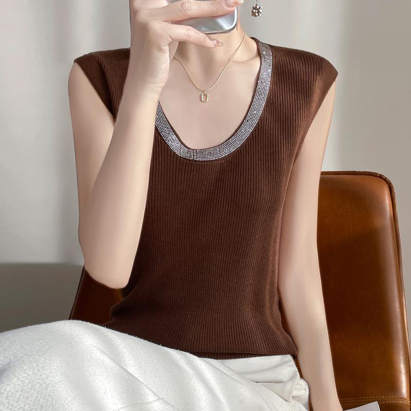 

Spring 2025 Merino Wool Rhinestone U-Neck Knit Vest - Loose Sleeveless Tank L