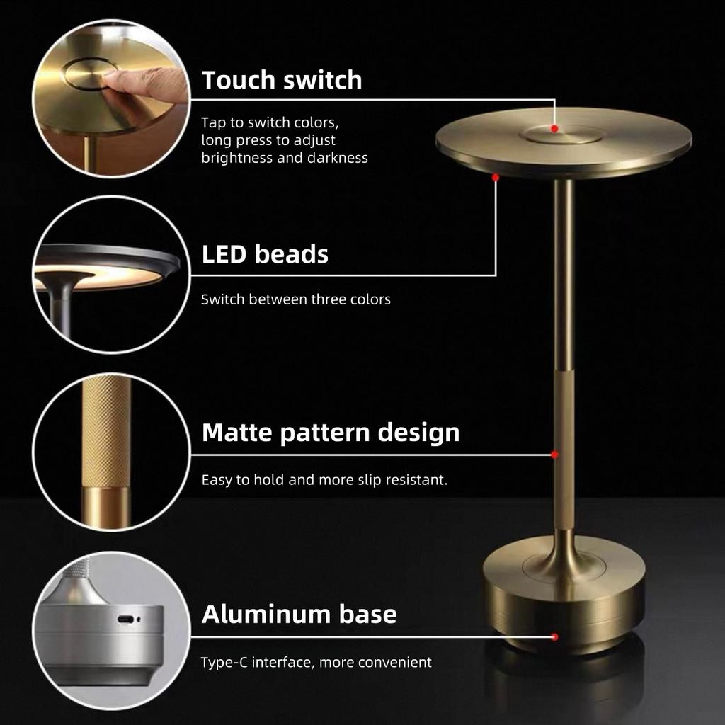 1pc Portable LED Table Lamp 3 Color Touch Control 3 Level Brightness USB Rechargeable Metal Texture Office Atmosphere Light