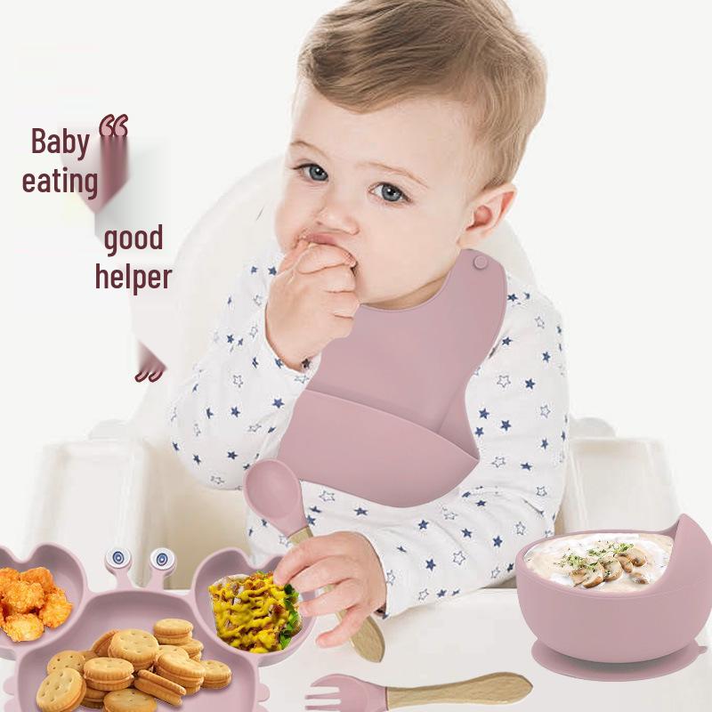 Crab 9-Piece Tableware Set: Silicone Bib, Baby Food Bowl, Fork, Spoon, Compartmentalized Meal Plate - Food Grade