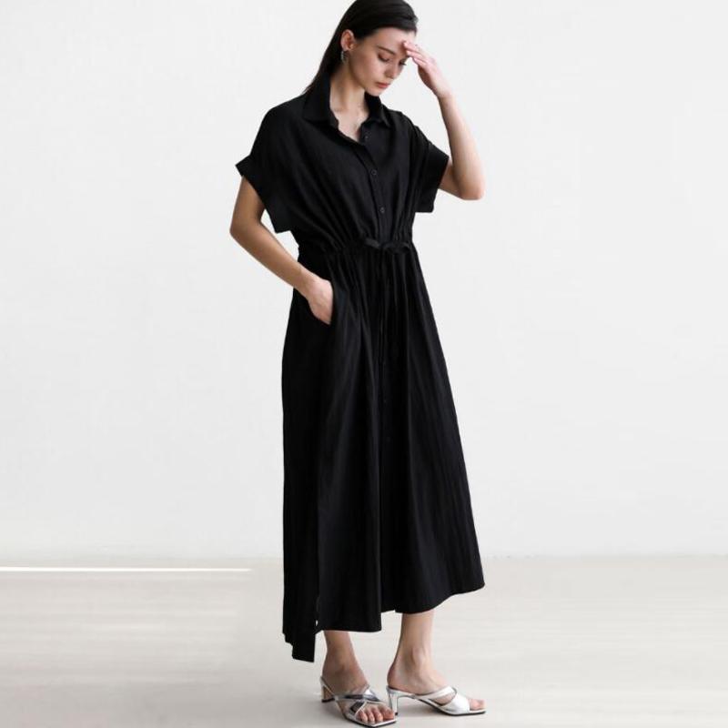 

Johnature Платье-рубашка с коротким рукавом Женское Корейское Свободное Летнее Повседневное Простое с отложным воротником Свободные платья XL чёрный