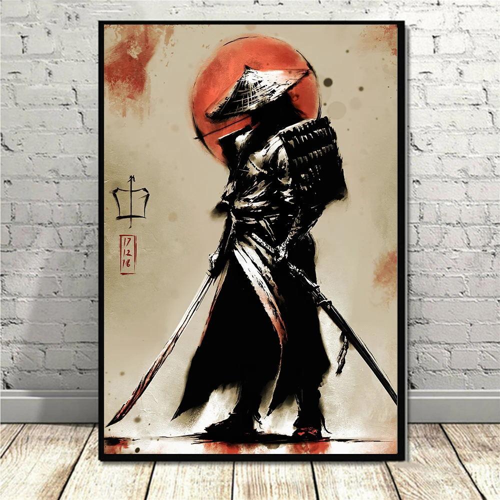 Abstract Japanese Samurai Ink Art Canvas Painting Figure Portrait Poster Prints Living Room Bedroom Black White Wall Art Pictures Modern Home Decor