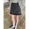 Pear-Shaped Lace Spliced Gray Wool A-Line Skirt - Slimming and Versatile for Autumn/Winter