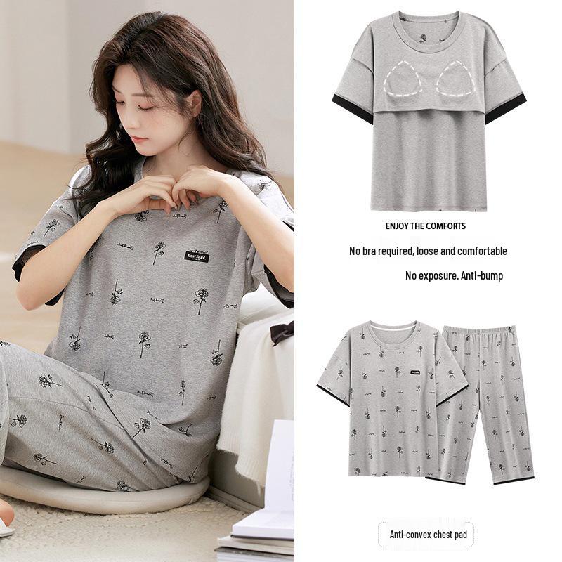 2025 Women's Summer Capri Pajama Set: Short-Sleeve, Thin Cotton with Breast Pads, Versatile for Home or Outside Wear