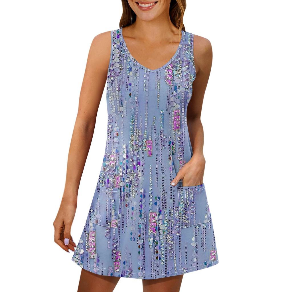 Lässiges Sommerkleid für Damen mit Taschen, Sommer-Boho-Strandkleid, Blusen für Damen, T-Shirt-Kleid, V-Ausschnitt, lockere Tank-Kleider