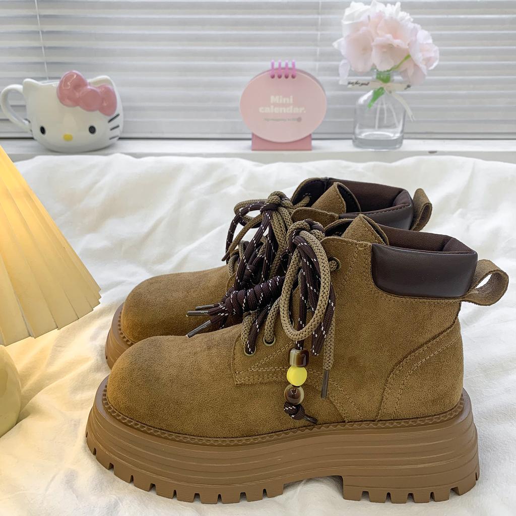 Vintage Thick-soled Lace-up Martin Boots Women's 2025 Autumn New Fashion Tooling Rhubarb Boots Maillard Short Boots