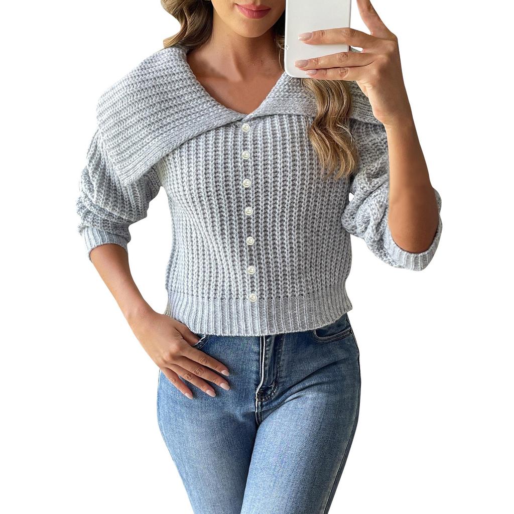 Damen Herbst und Winter Kurzes Top Perlennagel Perlenpullover Mit Großem Kragen Pullover Pullover