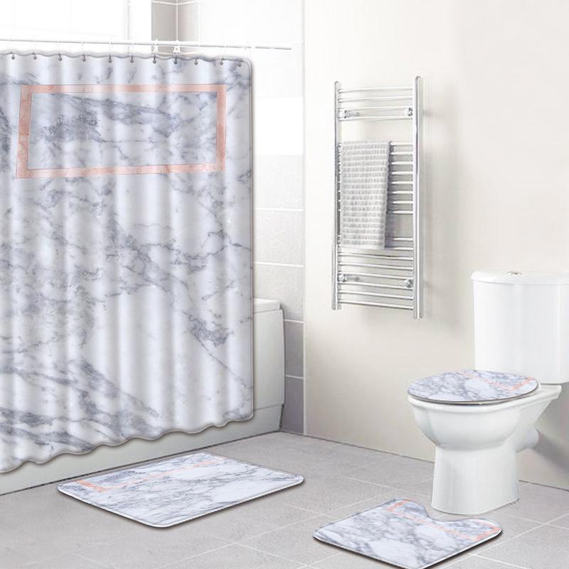 Marble Texture Printing Bathroom Non-Slip Floor Mat Shower Curtain Combination Carpet European And American Style