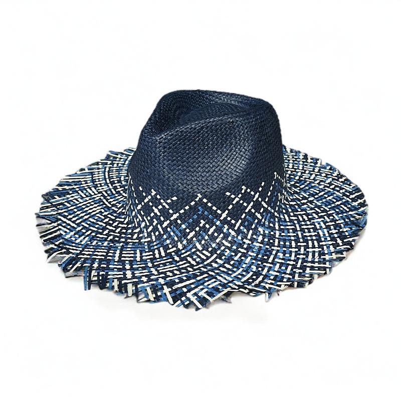 

Daily Miscellaneous Elegant Intellectual Navy Blue Braided Jazz Top Hat Hairy Big Brim Straw Hat Vacation Sunscreen Sun Hat M（56-58cm）