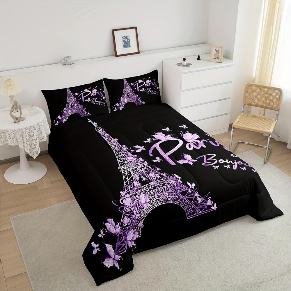 Black Purple Bedding Set Paris Eiffel Tower Print Cozy Duvet Cover Set King Queen Twin Single Size Birthday Gift Bedroom Decor