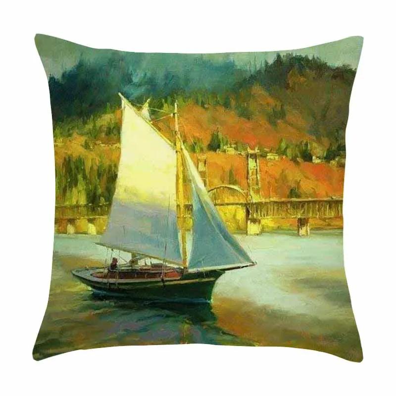 Beautiful Oil Painting Sail Sailing Landscape Print Pattern Cushion Cover Home Living Room Sofa Decoration Pillow