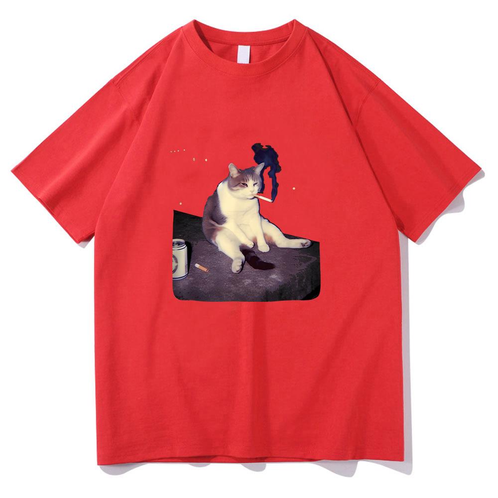 Funny Smoking Cat Meme T-shirt Cigarette Cat Print Clothing Stupid Brainrot Gift Cotton Tee Cat Lover High Quality Tshirt Unisex Men Women Anime Tops