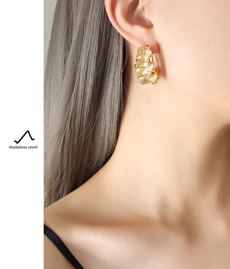 Geometric Pleated Texture Gold-Plated Titanium Earrings