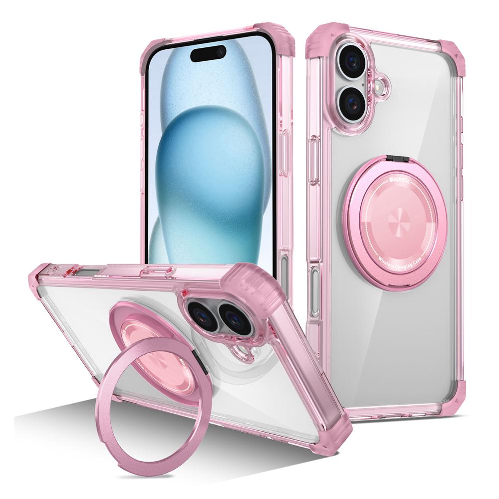 KEYSION HD Transparent Stoßfest Fall für MagSafe für iPhone 16 Pro Max 16 Plus 360 ° Drehbare Magnetische Ring Stand Telefon Abdeckung