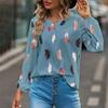 Women's Fashion Loose V-Neck Feather Print Long Sleeve Pullover Shirt Top