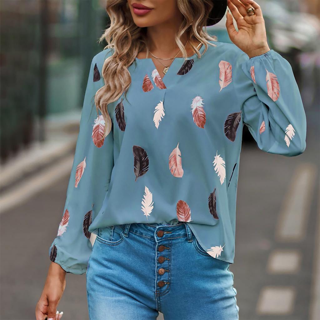 Women's Fashion Loose V-Neck Feather Print Long Sleeve Pullover Shirt Top