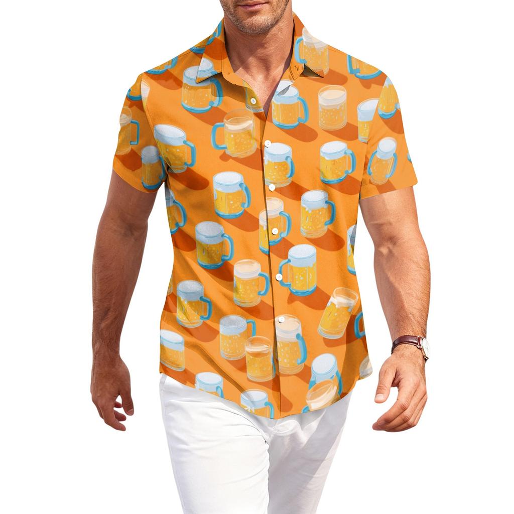 Men's Casual Short Sleeve Button Down Shirt Beer Mug Print Lightweight Breathable Fabric Relaxed Fit Summer Shirt