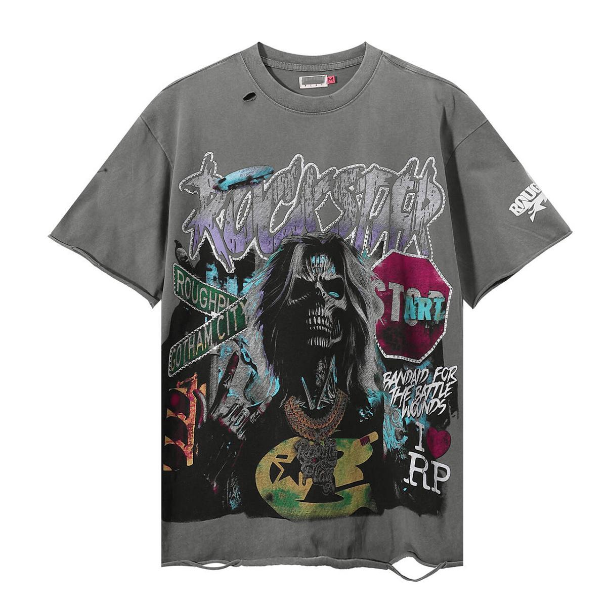 Unisex Vintage Washed Grey T-Shirt,  Rockstar  Skeleton Print with Rhinestone Text, Gotham City Streetwear Tee S