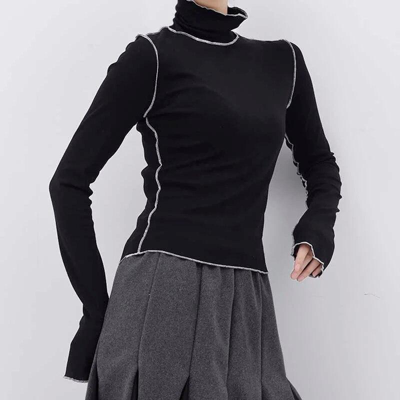 Dámský bílý rolák s ozdobným prošíváním, vysoce elastické slim tričko, nový módní rolák s dlouhým rukávem, jarní/podzimní crop topy