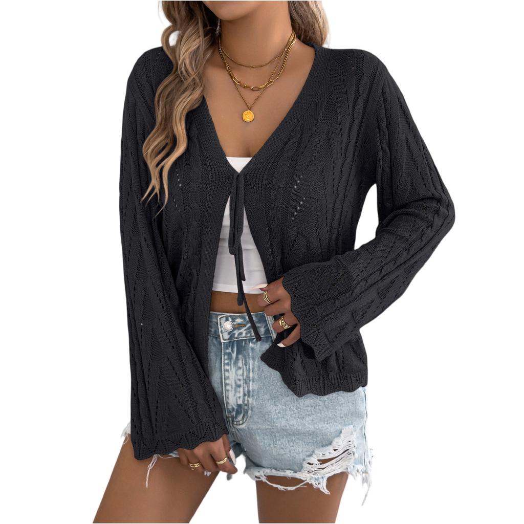 Dámská Móda - Barevný Dutý Šněrovací Svetr s Rohovými Rukávy Průsvitný Svetr Top na Dovolenou