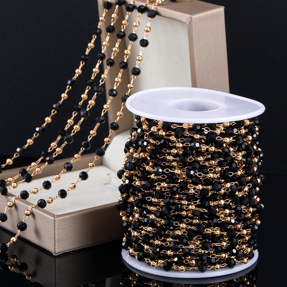 1meter 4mm Crystal Black Transparent Beaded Copper Chains Glass Beads Necklace Gold Color Chain for DIY Jewelry Making Component