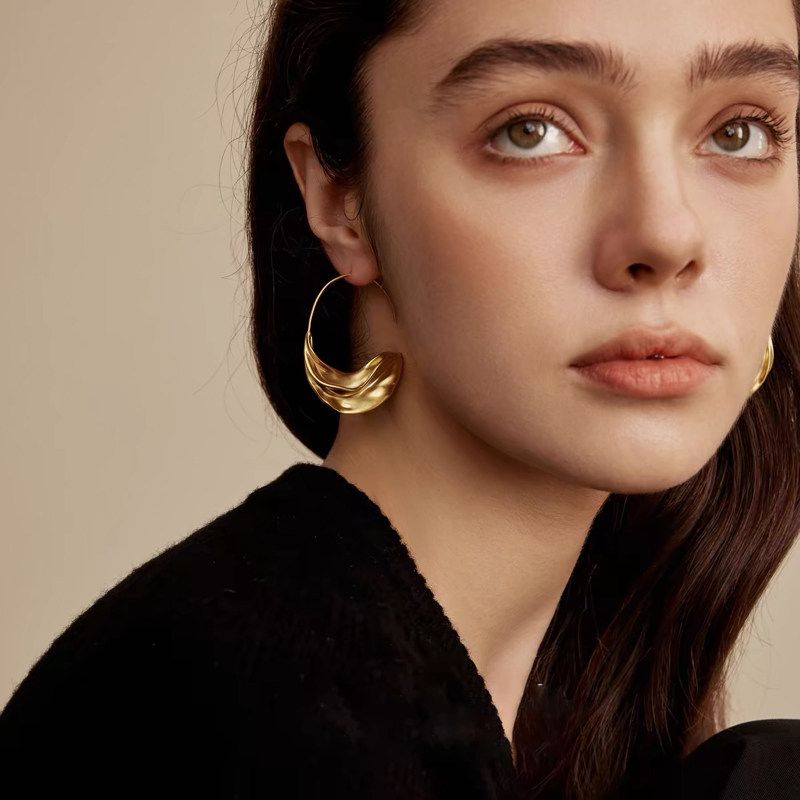Women's Copper Sandblast 14K Gold Semi-Arc Three-Dimensional Earrings Big Ear Ring Special-Interest Design Fancy Fashion Ear Hook
