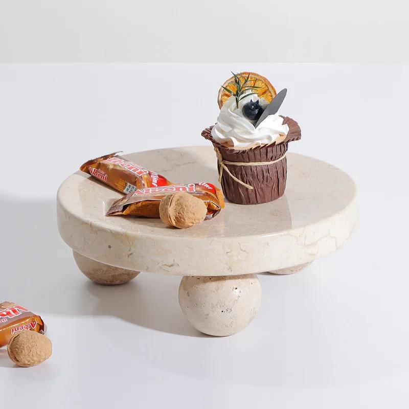 Beige Marble Tray with Leg Vintage Natural Stone Jewelry Cosmetics Tray Serving Tray Cup Cake Stand Set for Hotel