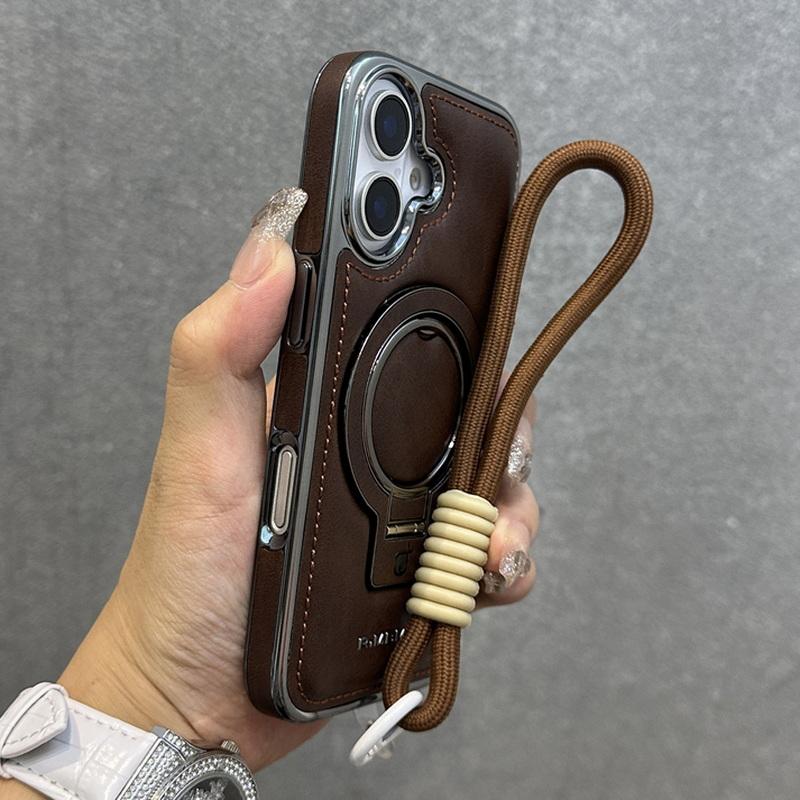 

Бизнес кожаный магнитный чехол-кронштейн для iPhone 16 Pro Max 15 Pro 14 13 12 роскошный ремешок противоударный для Magsafe Stand Phone Cover iPhone 16 Pro Max темно-коричневого