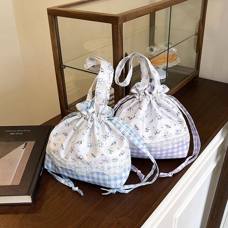 Purple Floral Checkered Drawstring Bag Cute Travel Bag Drawstring Bag Underarm Bag