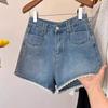 Damskie Niebieskie Koronkowe Szorty Jeansowe Lato Nowe Casualowe Luźne Szorty A-line z Wysokim Stanem w Stylu College Szerokie Nogawki