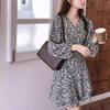 Women's Slimming Long Sleeve Floral A-line Dress - French Style, Spring/Autumn