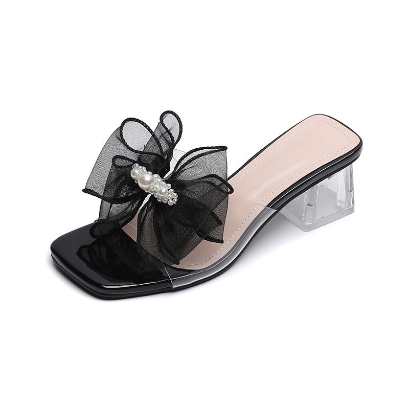 Fashion 2025 Women Clear PVC Heel Slippers Lace Bow Shoes Ladies Slip On Sliders Med-High Heeled Sandals Femme Wedges Open Toe Flipflops
