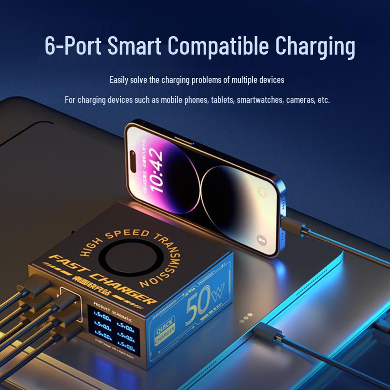 6-Port USB Charger with 20W PD Fast Charging and Digital Display - Universal Type-C Desktop Station for Mobile Phones