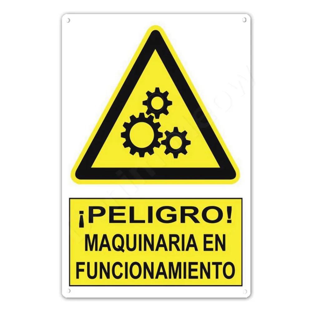 Spanish Warning Sign, Danger Metal Sign for Street, Yard, Bar, Workshop Decor, Yellow Waterproof Caution Signs, Outdoor Indoor