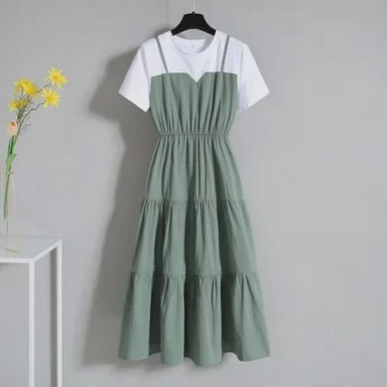 2022 Summer Korean Faux Two-Piece A-Line Suspender Dress for Plus Size