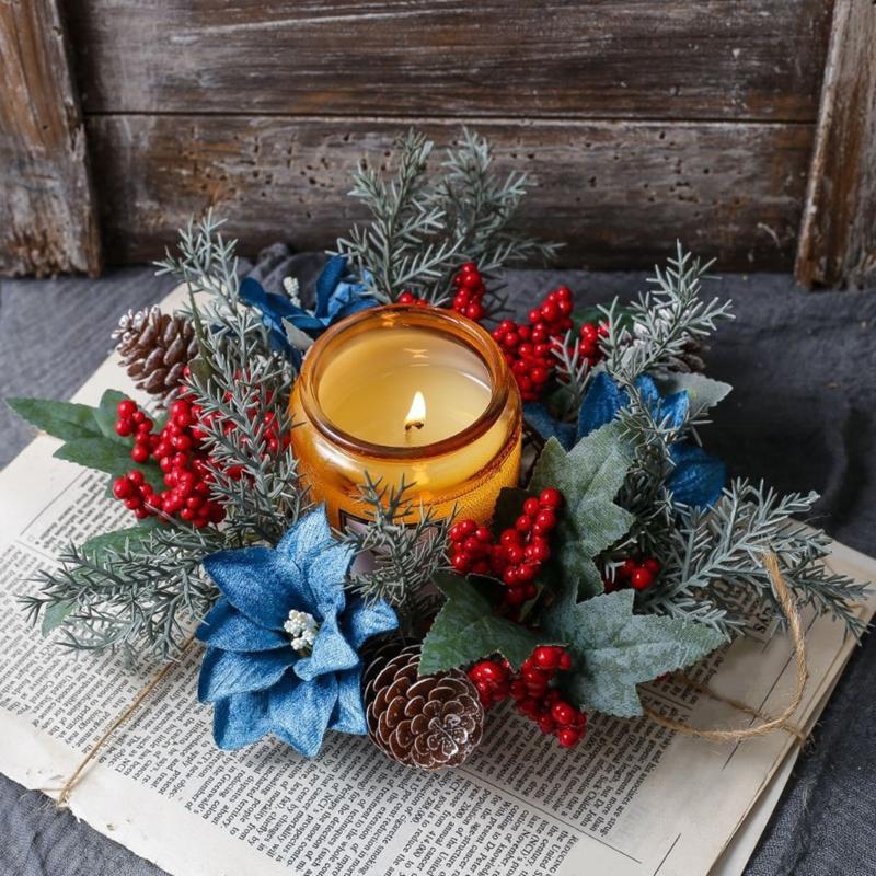 Door Wall Window Christmas Ornament Artificial Pinecone Candlestick Wreaths with Red Berries & Leaf Table Centerpiece