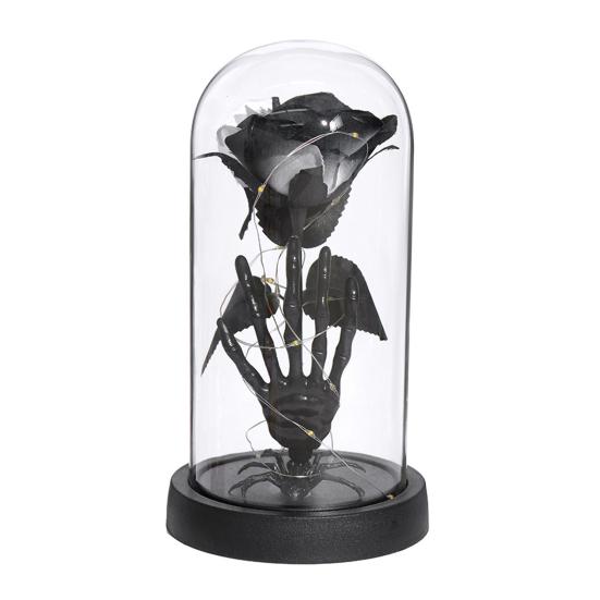 Preserved Black Roses in Glass Dome Halloween Light-up Eternal Flower in Cloche with Skull Pumpkin Statue for Home Kitchen Mantel Tabletop Decor