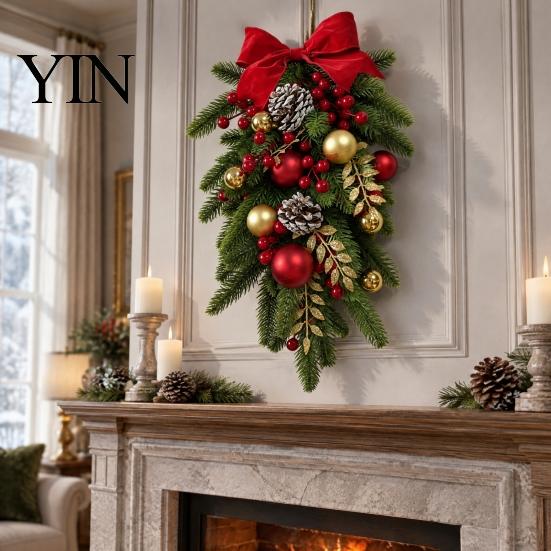 Rustic Pine Cone Red Berry Swag Christmas Teardrop Decoration, Artificial Wreath with Berries Cones Front Door Decoration And Bow for Door,
