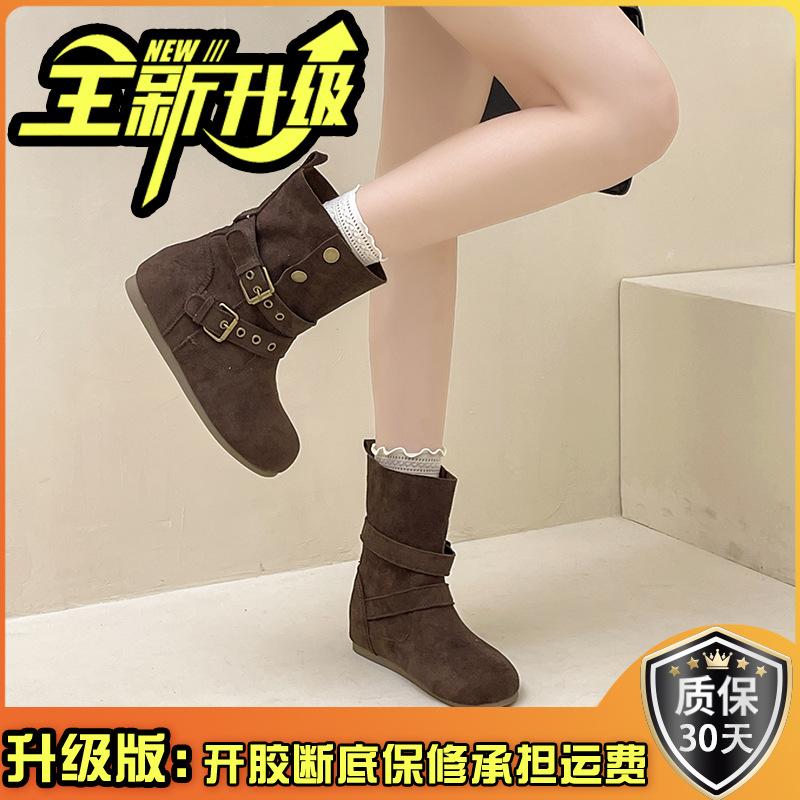 Retro style European and American belt buckle round head flat heel short boots women's 2025 autumn and winter new comfortable and versatile fashion M