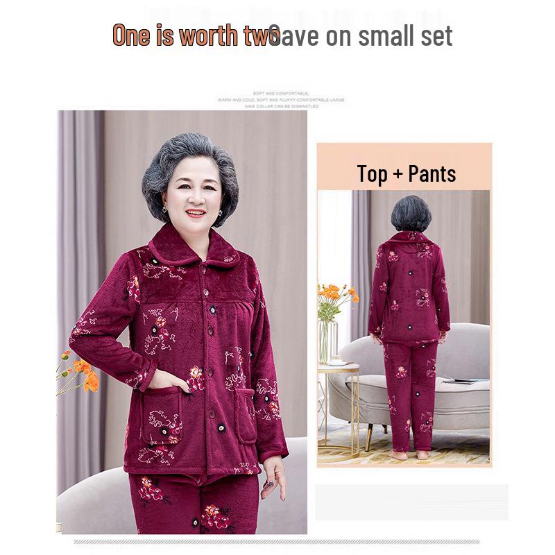 Women's Winter Warm Flannel Pajamas Set for Middle-Aged and Elderly - Cozy Granny Home Wear for Autumn and Winter