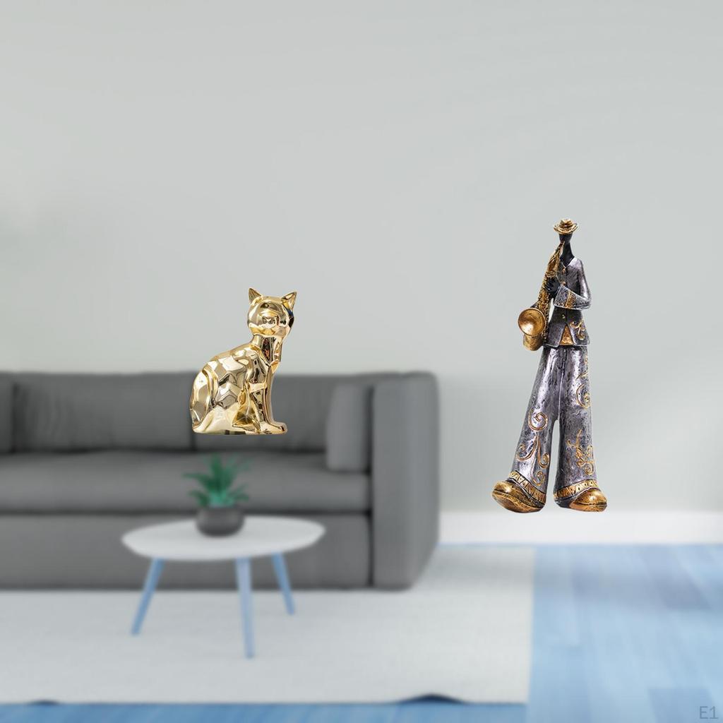 Cat Musician Statue Decorative Figurine Animal Sculpture Art Craft Ornament for Fireplace Resin