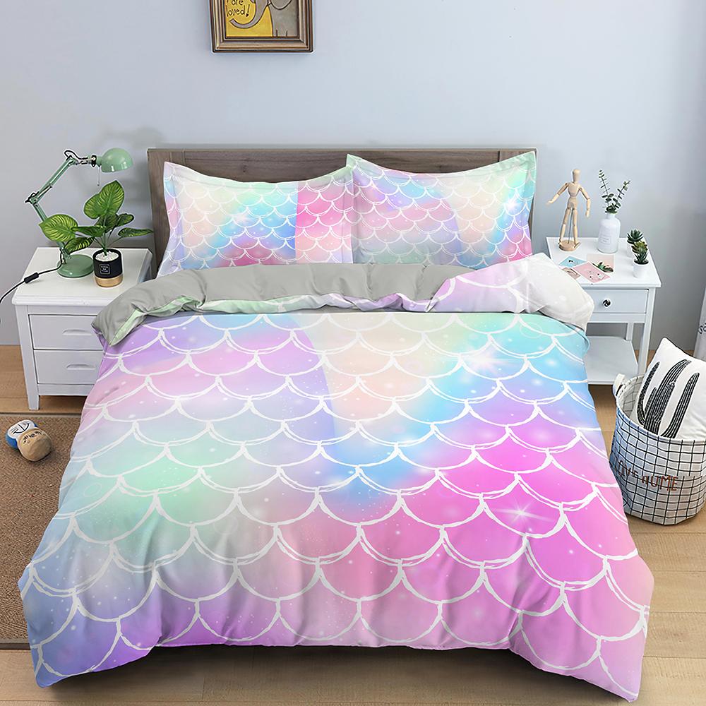 Fish Scales Duvet Cover Set Colorful Mermaid Polyester Comforter Cover With Pillowcase King Queen Full Size For Boys Girl Teen