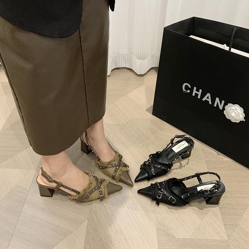 French Retro Single Shoes Women's Spring New Products Pointed Head Western Denim Bag Head Empty Sandals Thick Heel High Heels Look Thin