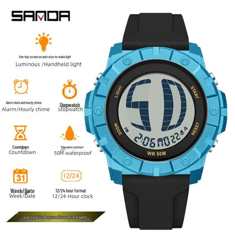 Sanda Multifunctional Waterproof Luminous Electronic Watch for Students – Unisex with Raise Hand Light Feature.