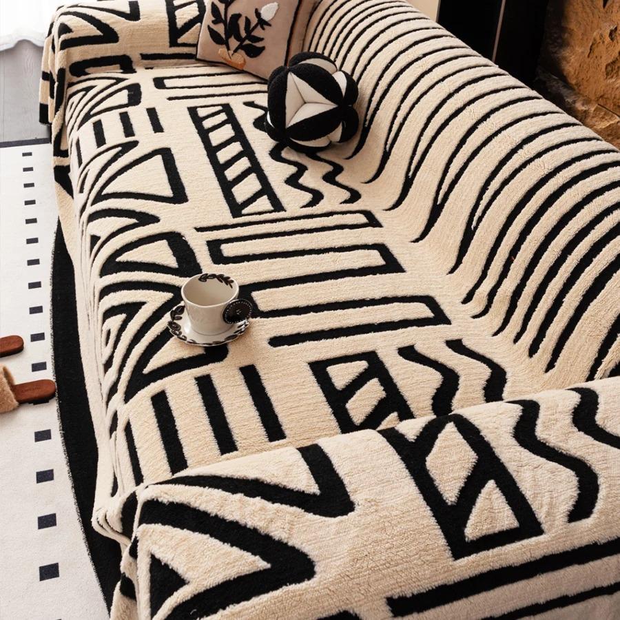 1pc Bohemian Jacquard Warm Tuffed Fleece Sofa Towel, Boho Style Soft Leiusre Thick Blanket for Living Room Couch Sofa Cover
