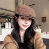 Retro Plaid Progressive Hat Women's Autumn and Winter Versatile British Style Newsboy Painter Hat Backward Wearing Woolen Duck Beret