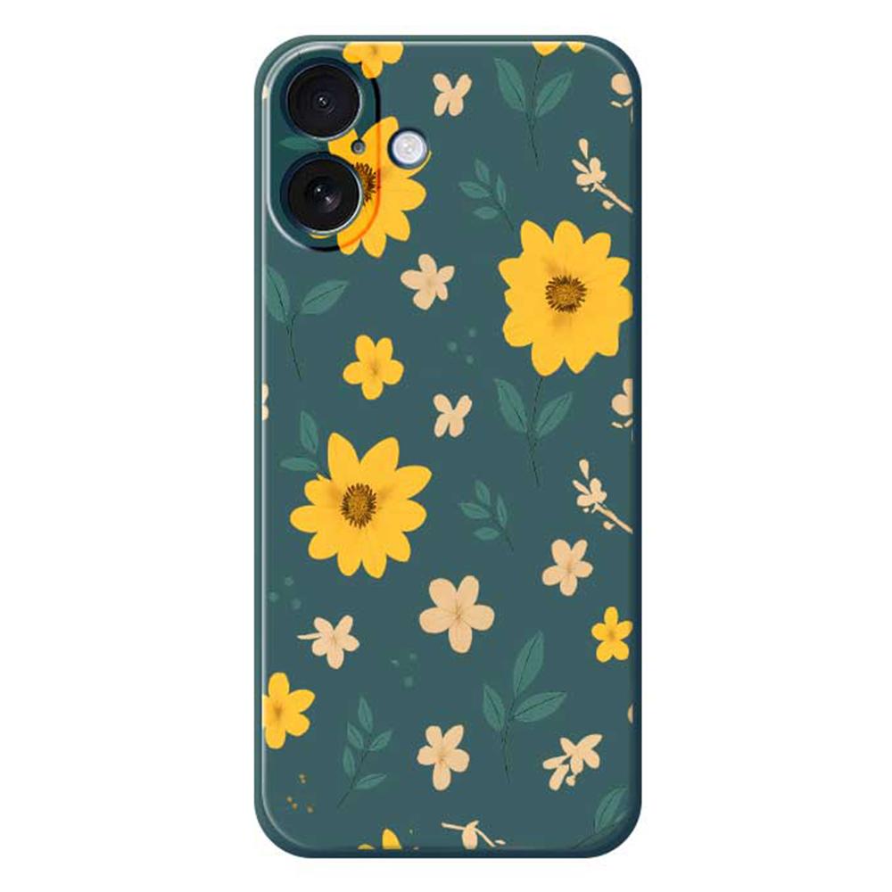 

For iPhone 17 Case Yellow Floral and Leaves Pattern Printing Straight Edge TPU Phone Back Cover Green